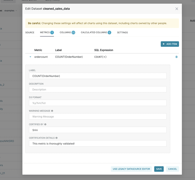 Superset Dashboards - Edit Dataset virtual metrics